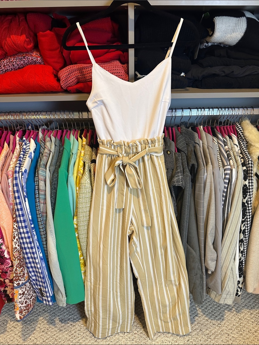 Stella Tweed white/tan striped elastic waist belted sleeveless jumpsuit size S